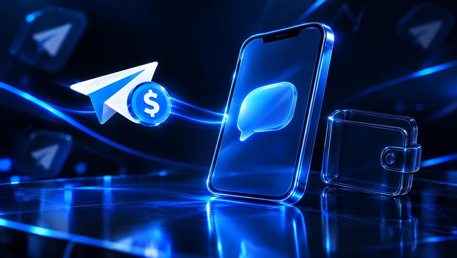 A paper plane carrying a coin flies towards a phone, beside an empty wallet.