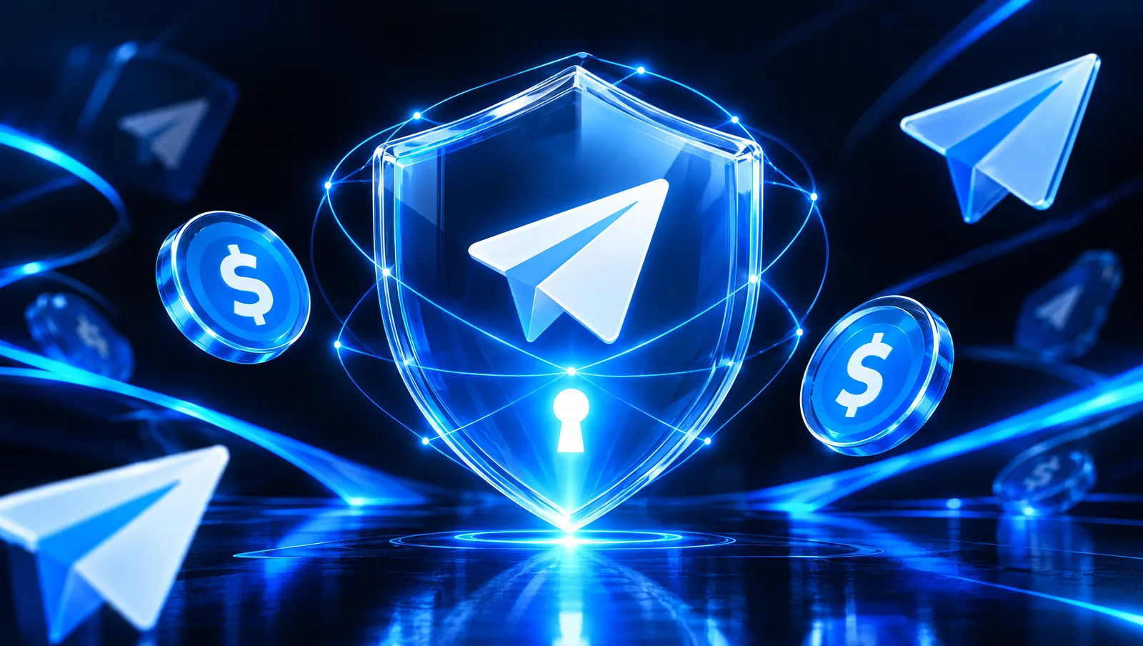 A glass shield with a paper-plane emblem and a keyhole of blue light.